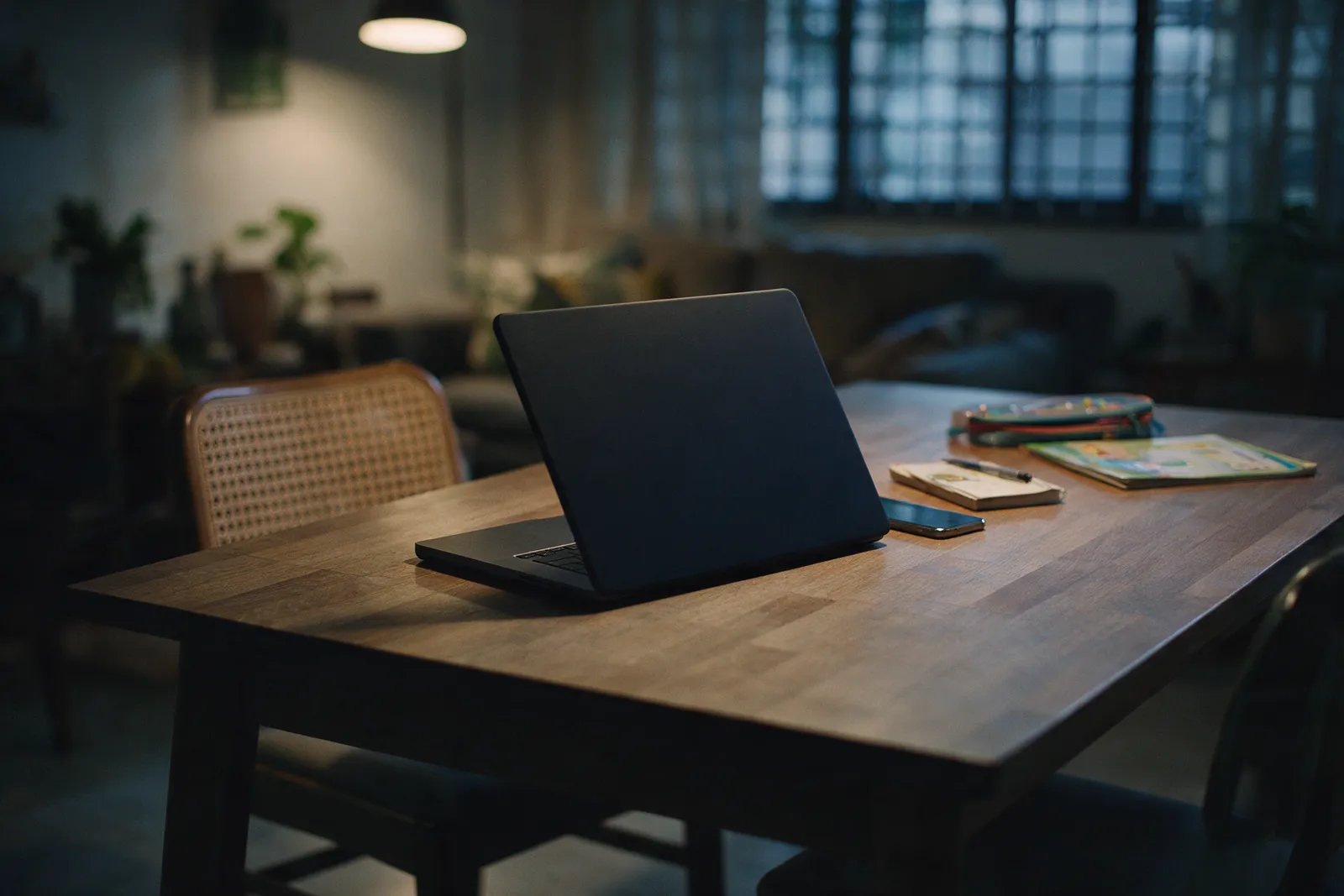 A charcoal laptop on a dining table in a terrace house living room at dusk, with a phone, a notebook and school books beside it