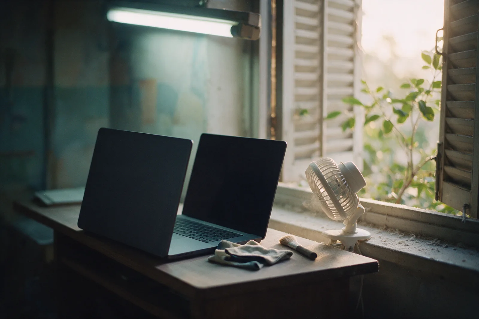 An open laptop with a plain dark lid and a blank screen on a wooden desk beside an open louvred window, a small white clip fan on the dusty sill angled towards it, and a folded microfibre cloth and a soft brush lying on the desk