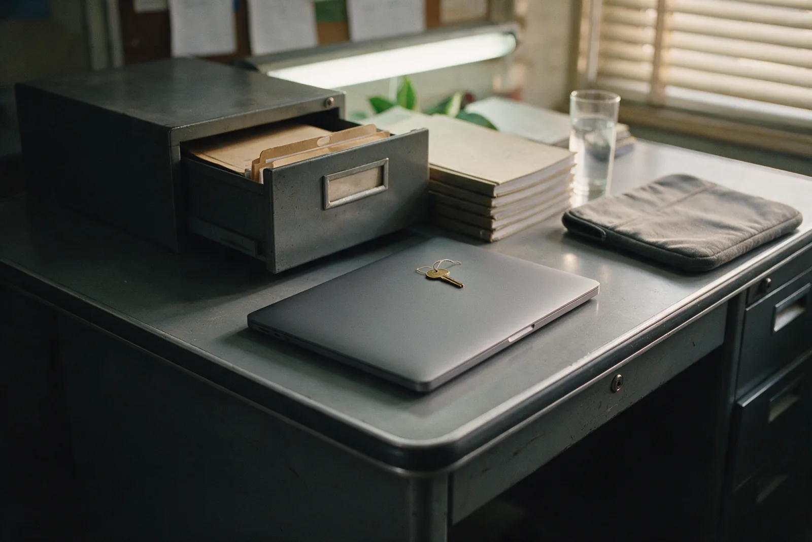 A closed plain grey laptop on a steel office desk with a small brass key resting on its lid, beside an open steel card-index drawer of buff folders and a stack of record books.