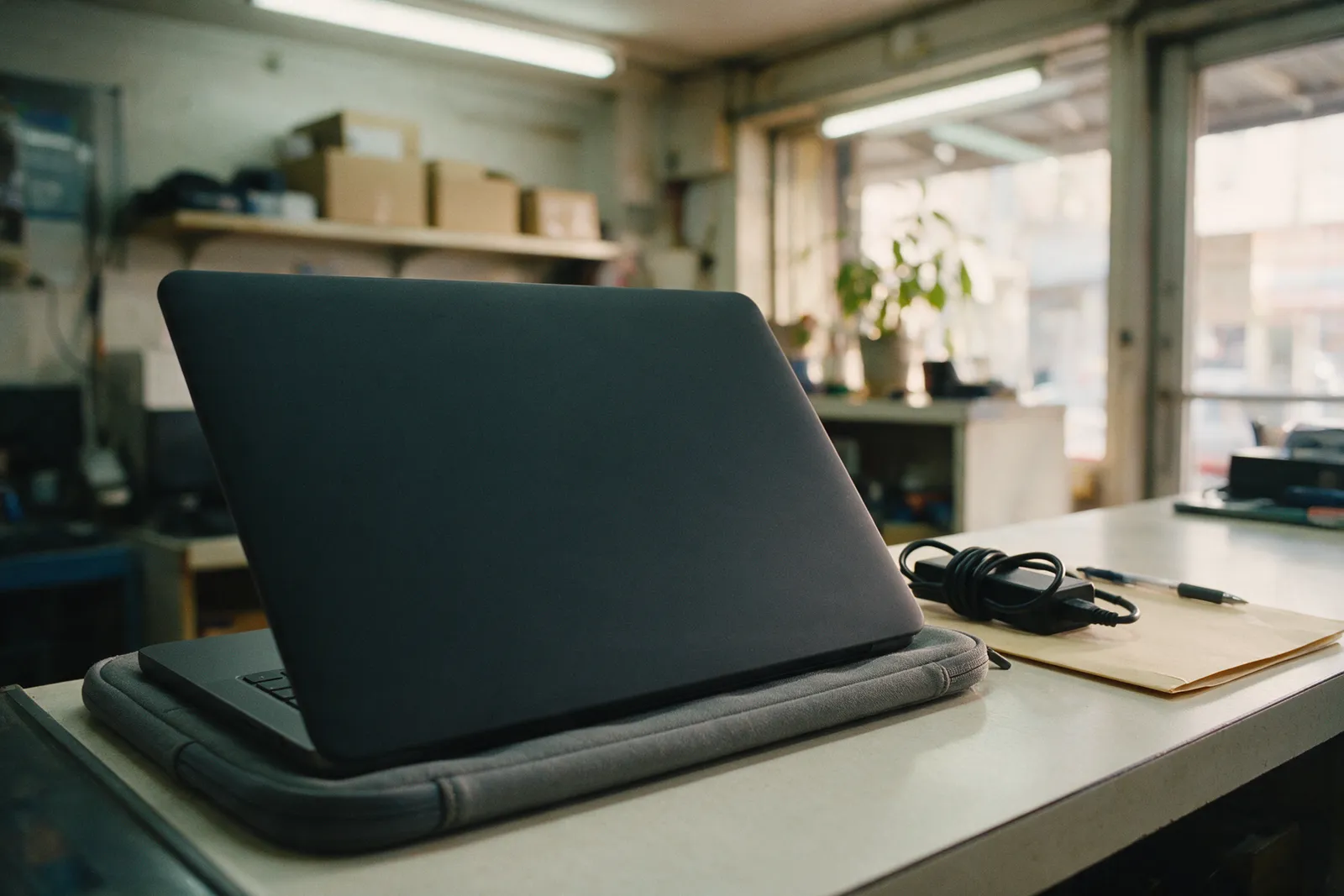 A charcoal laptop resting on a padded grey sleeve on a shop counter, with its charger and a paper folder beside it